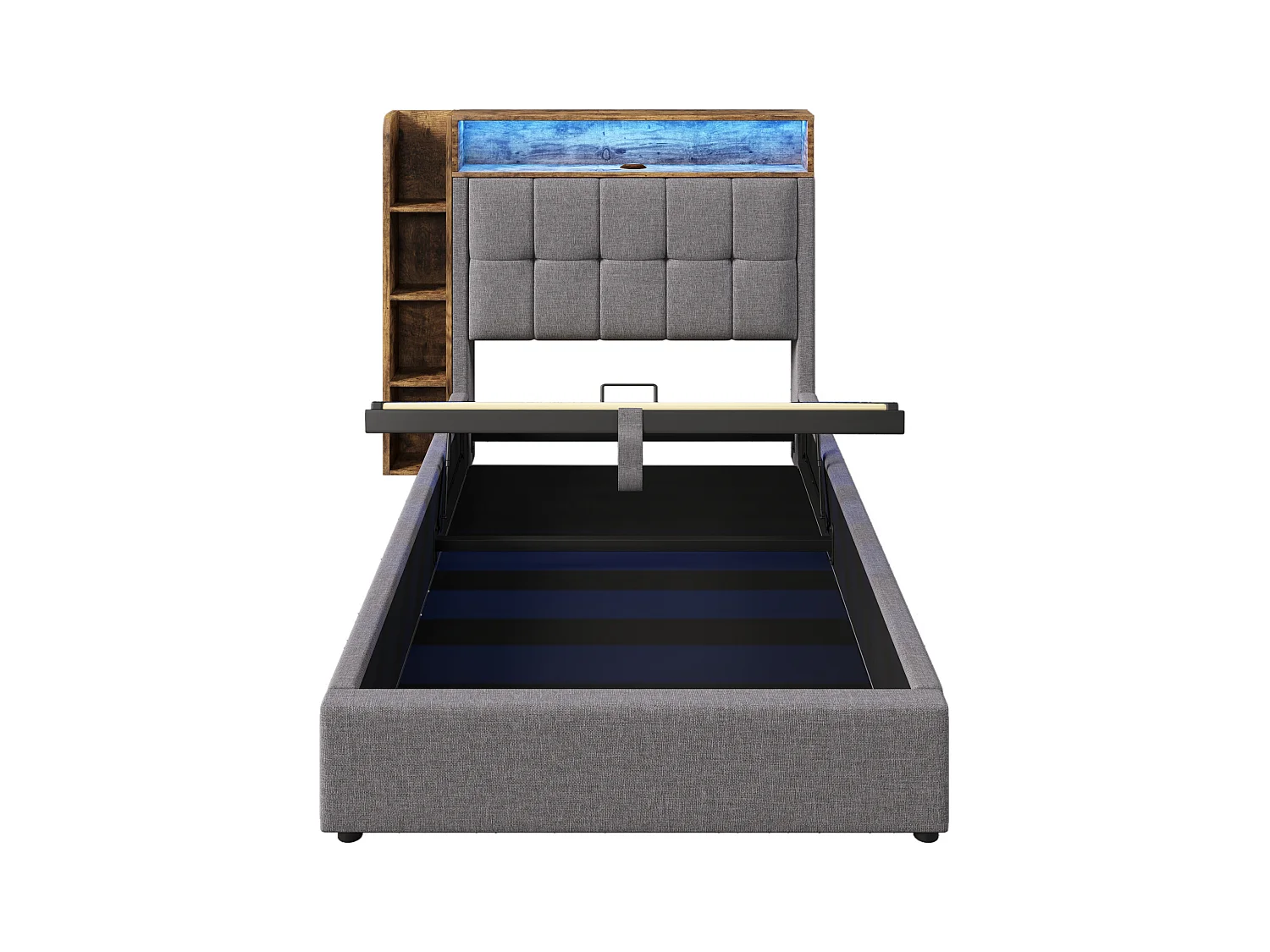 Lit coffre rembourré - 90 x 200 cm - avec USB + Leds + tête de lit + étagère de rangement - lin - gris