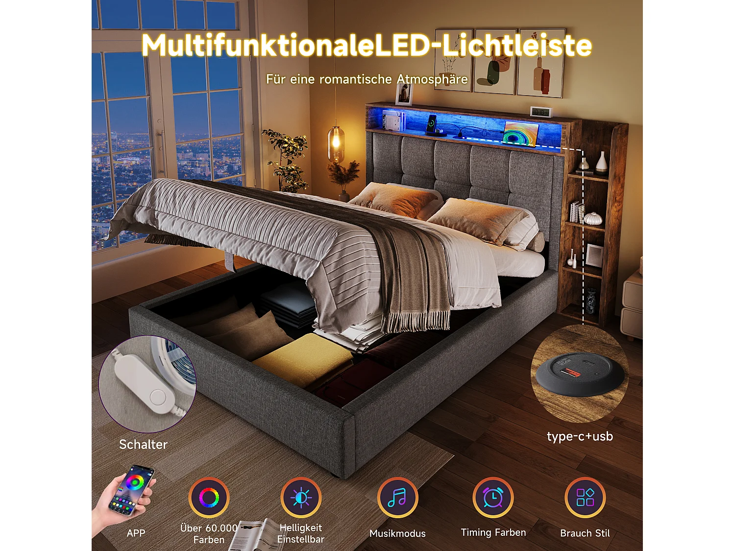 Gepolstertes Stauraumbett – 90 x 200 cm – mit USB-Anschluss, LED-Beleuchtung, Kopfteil und Ablagefach – Leinen – Grau