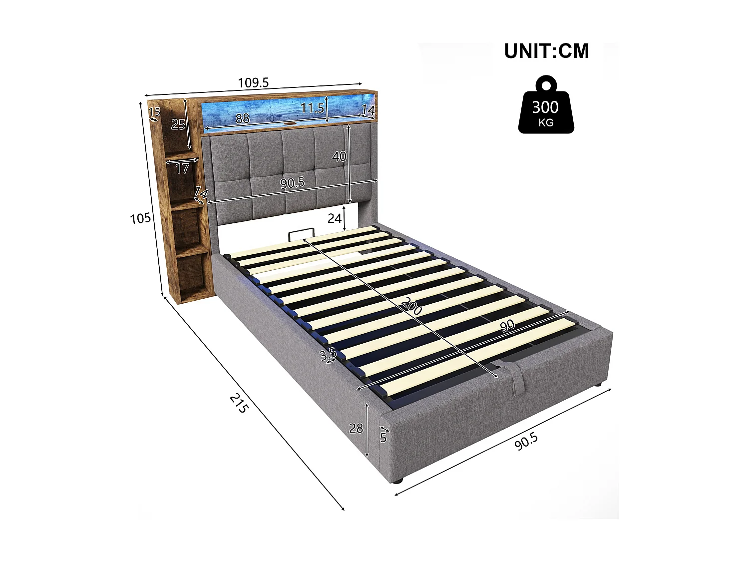 Gepolstertes Stauraumbett – 90 x 200 cm – mit USB-Anschluss, LED-Beleuchtung, Kopfteil und Ablagefach – Leinen – Grau