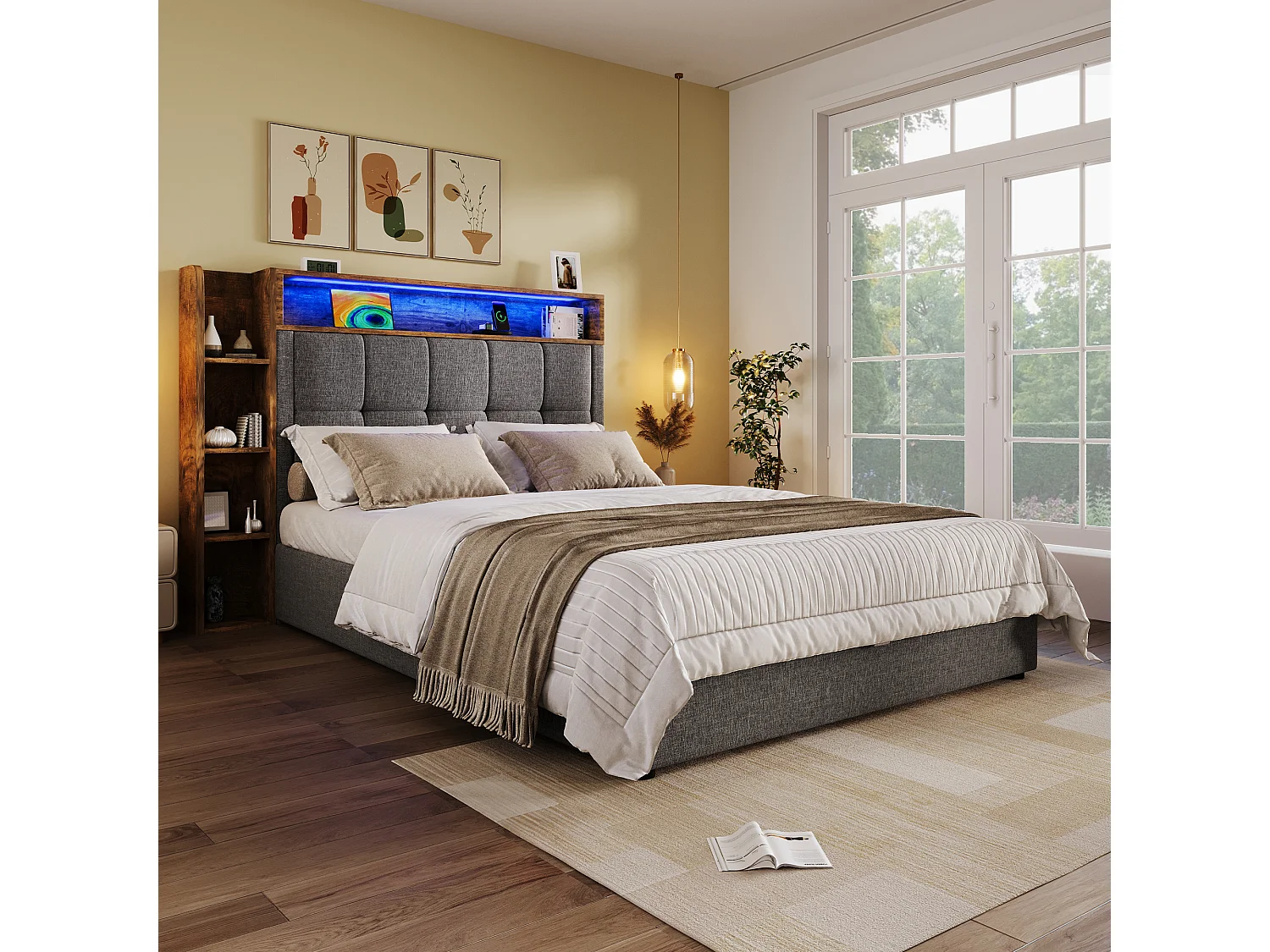 Cama estofada com arrumação - 90 x 200 cm - com porta USB, luzes LED, cabeceira e prateleira de arrumação - linho - cinzento