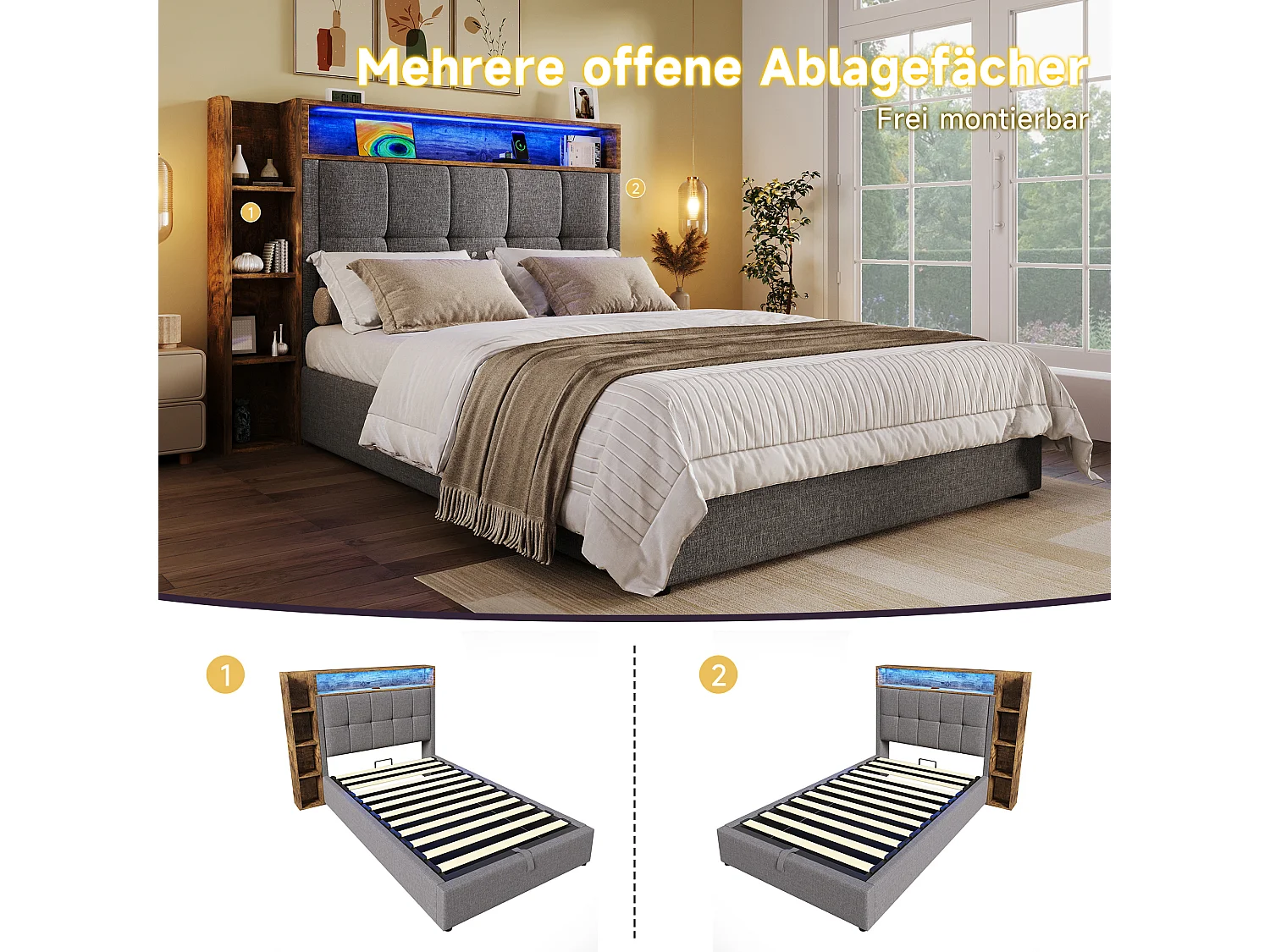 Cama estofada com arrumação - 90 x 200 cm - com porta USB, luzes LED, cabeceira e prateleira de arrumação - linho - cinzento
