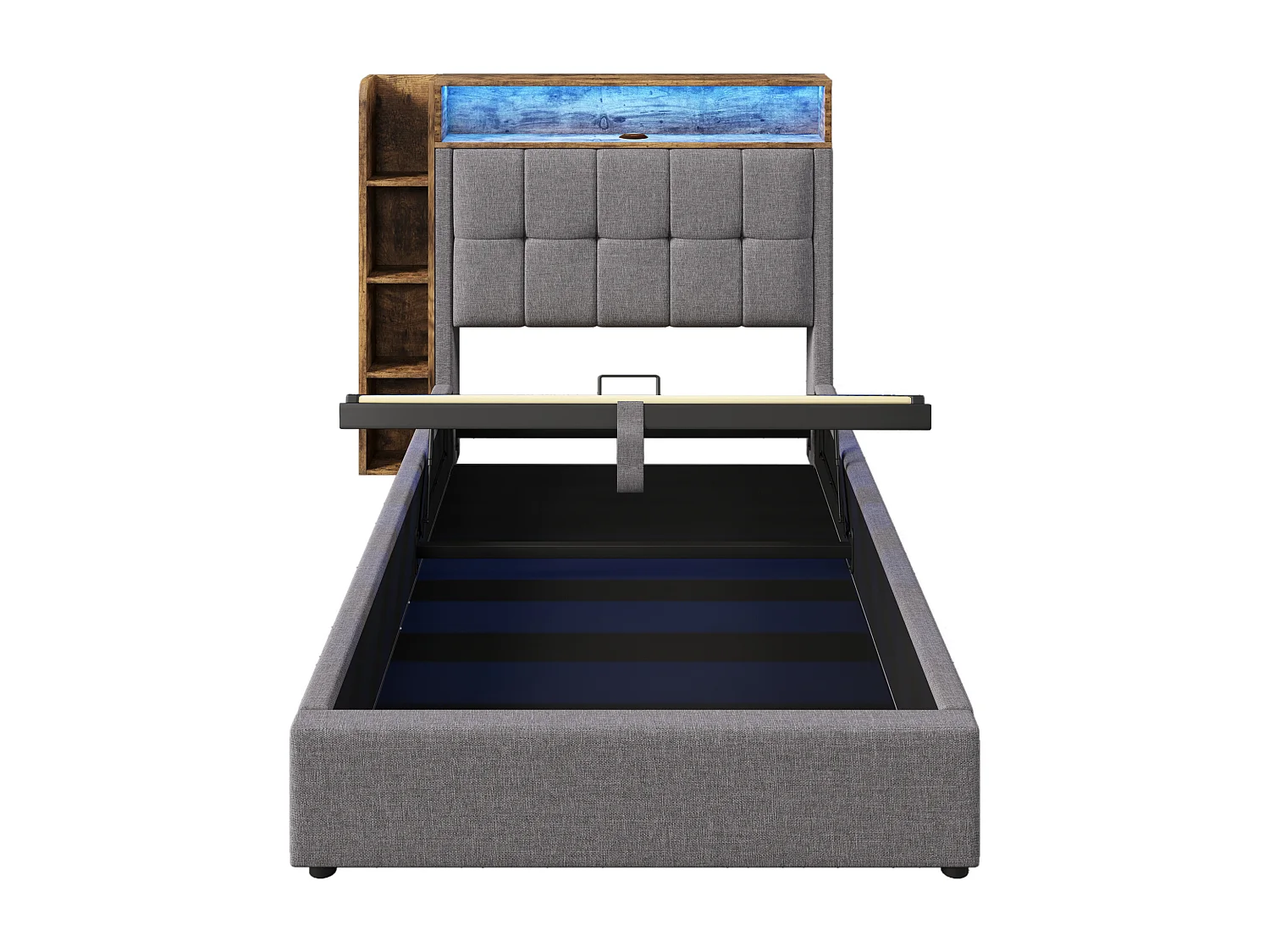 Cama estofada com arrumação - 90 x 200 cm - com porta USB, luzes LED, cabeceira e prateleira de arrumação - linho - cinzento