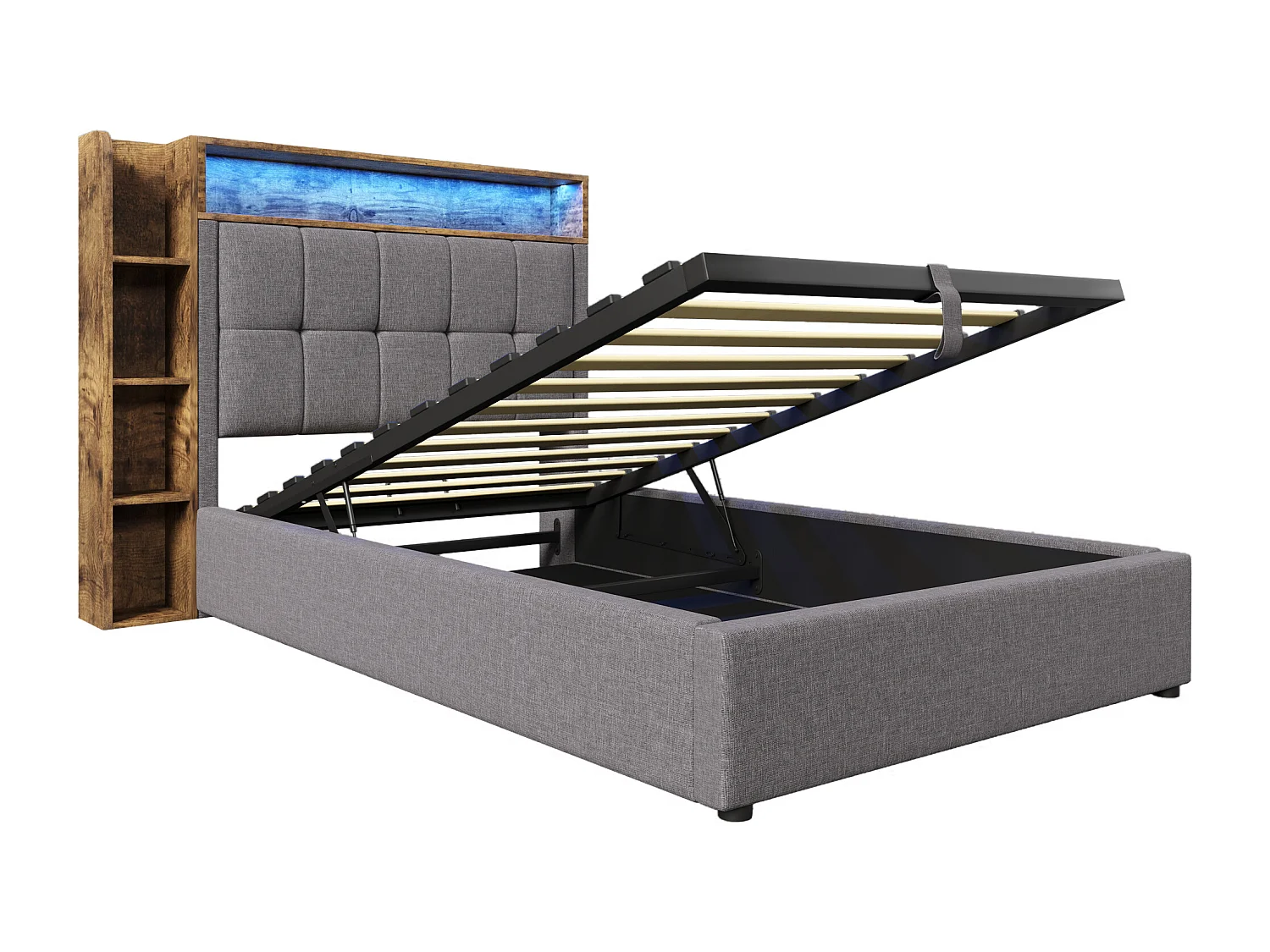 Cama estofada com arrumação - 90 x 200 cm - com porta USB, luzes LED, cabeceira e prateleira de arrumação - linho - cinzento