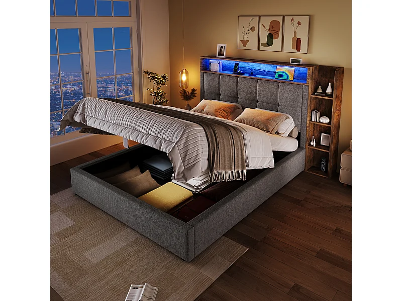 Lit coffre rembourré - 90 x 200 cm - avec USB + Leds + tête de lit + étagère de rangement - lin - gris