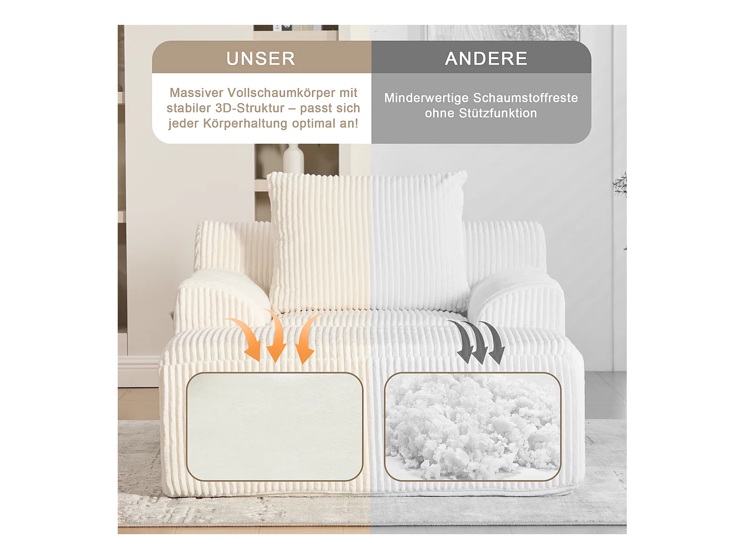 Grote zitzak met voetenbank - 1-zits corduroy bank - Optimaal comfort voor woonkamer, slaapkamer of kantoor