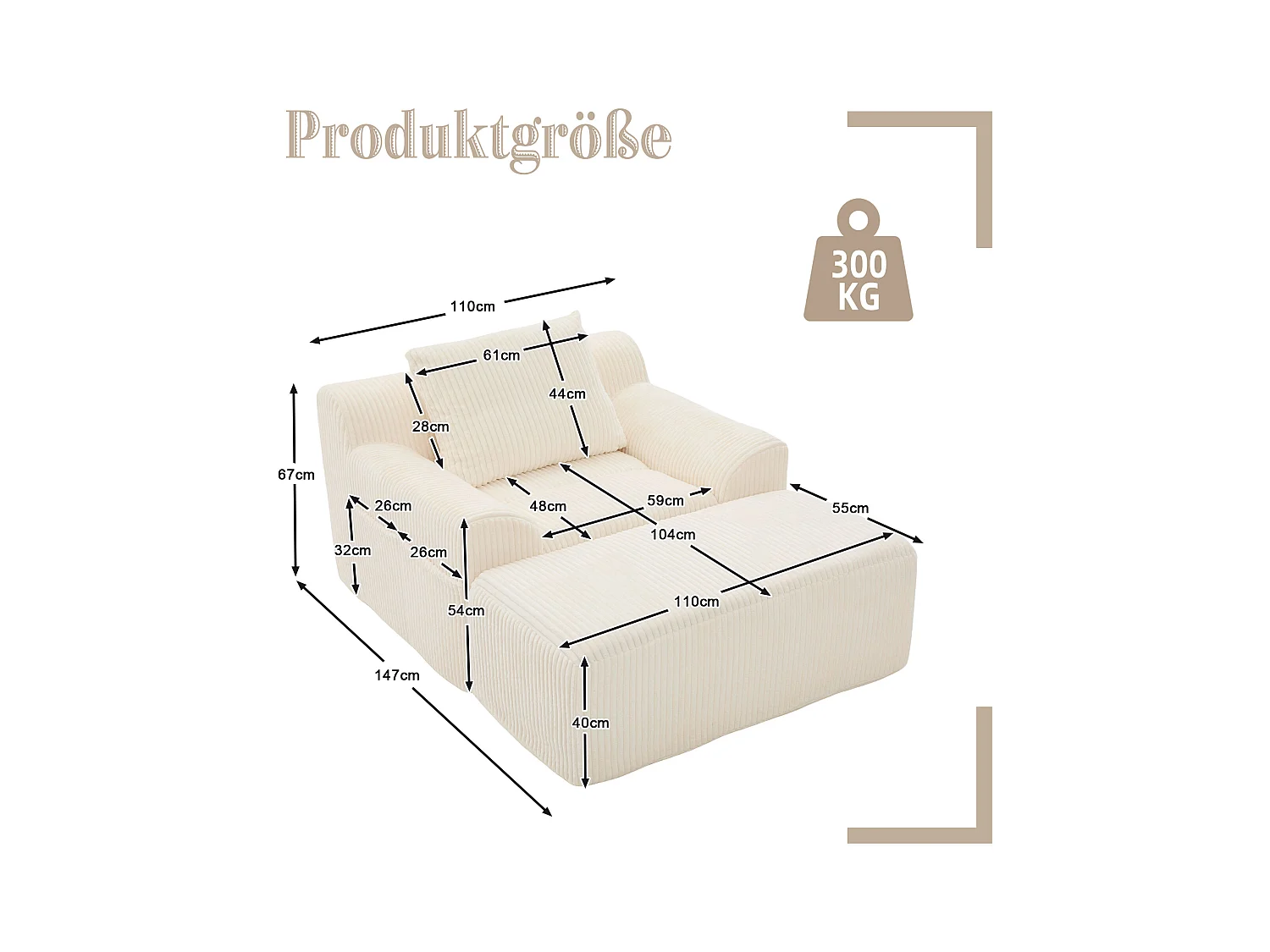 Grote zitzak met voetenbank - 1-zits corduroy bank - Optimaal comfort voor woonkamer, slaapkamer of kantoor