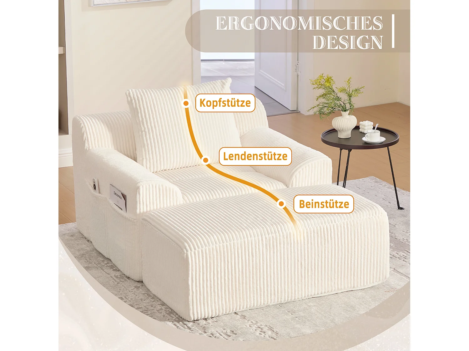 Pouf Fauteuil Géant avec Repose-Pieds - Canapé 1 Place en Velours Côtelé - Beige - Confort Optimal pour Salon, Chambre ou Bureau