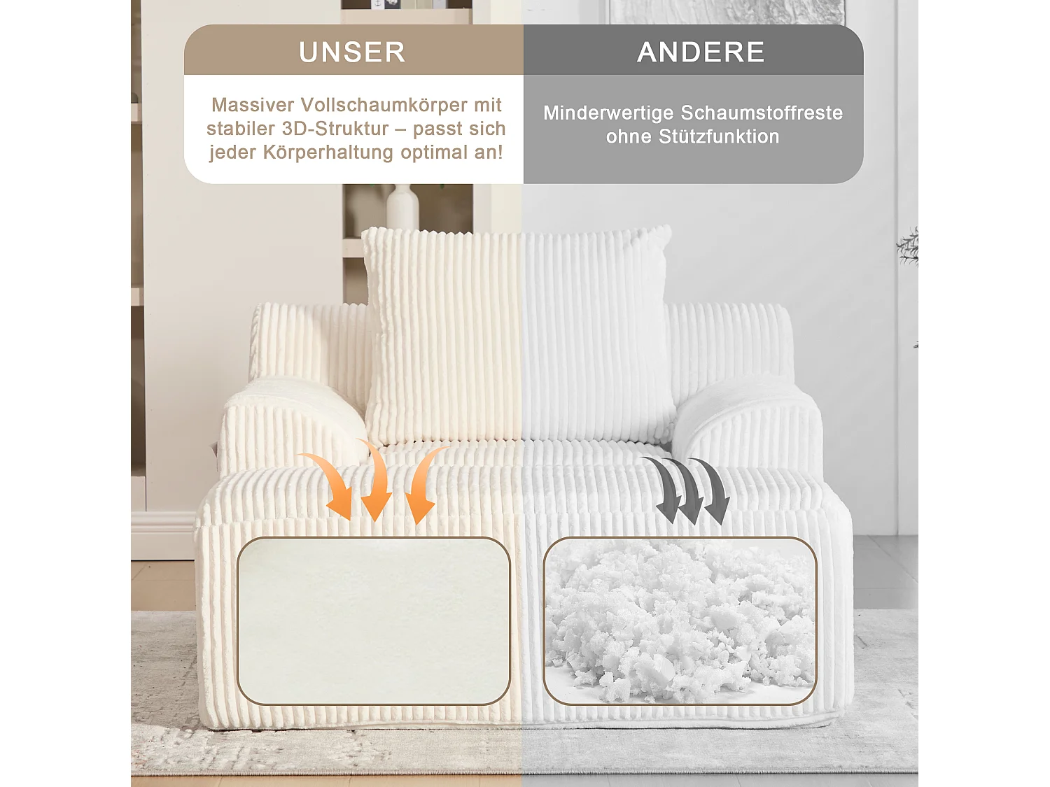 Pouf Fauteuil Géant avec Repose-Pieds - Canapé 1 Place en Velours Côtelé - Beige - Confort Optimal pour Salon, Chambre ou Bureau