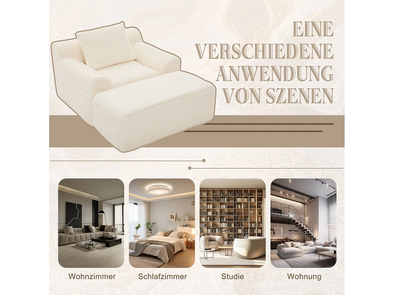 Pouf Fauteuil Géant avec Repose-Pieds - Canapé 1 Place en Velours Côtelé - Beige - Confort Optimal pour Salon, Chambre ou Bureau