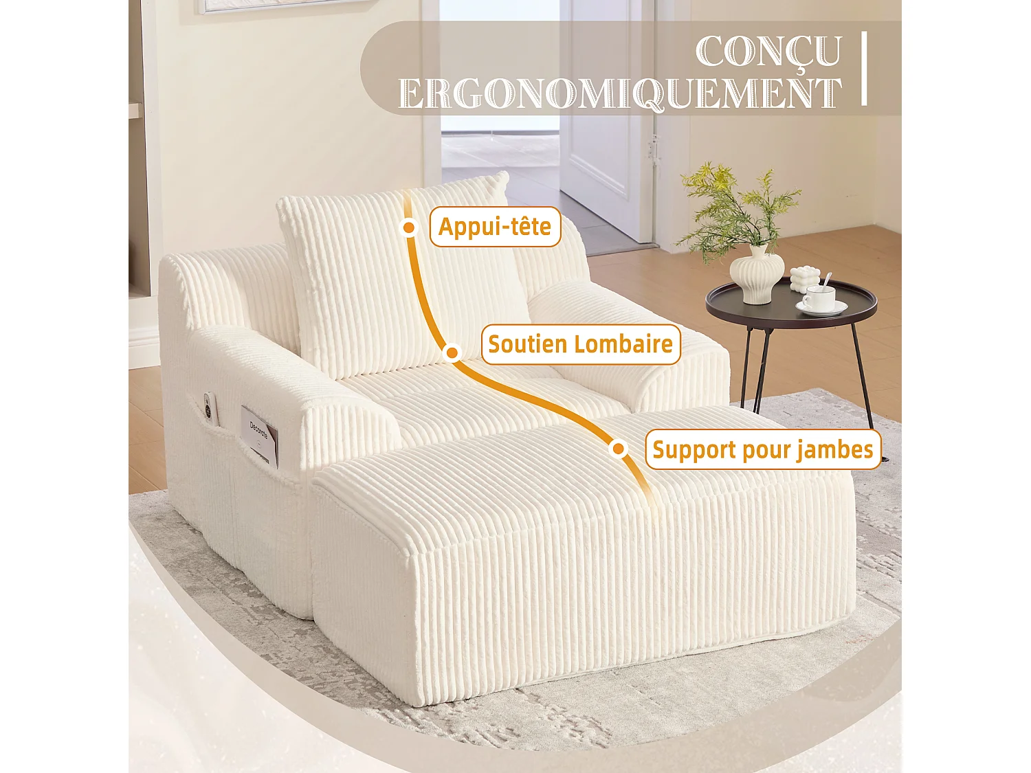 Pouf Fauteuil Géant avec Repose-Pieds - Canapé 1 Place en Velours Côtelé - Beige - Confort Optimal pour Salon, Chambre ou Bureau