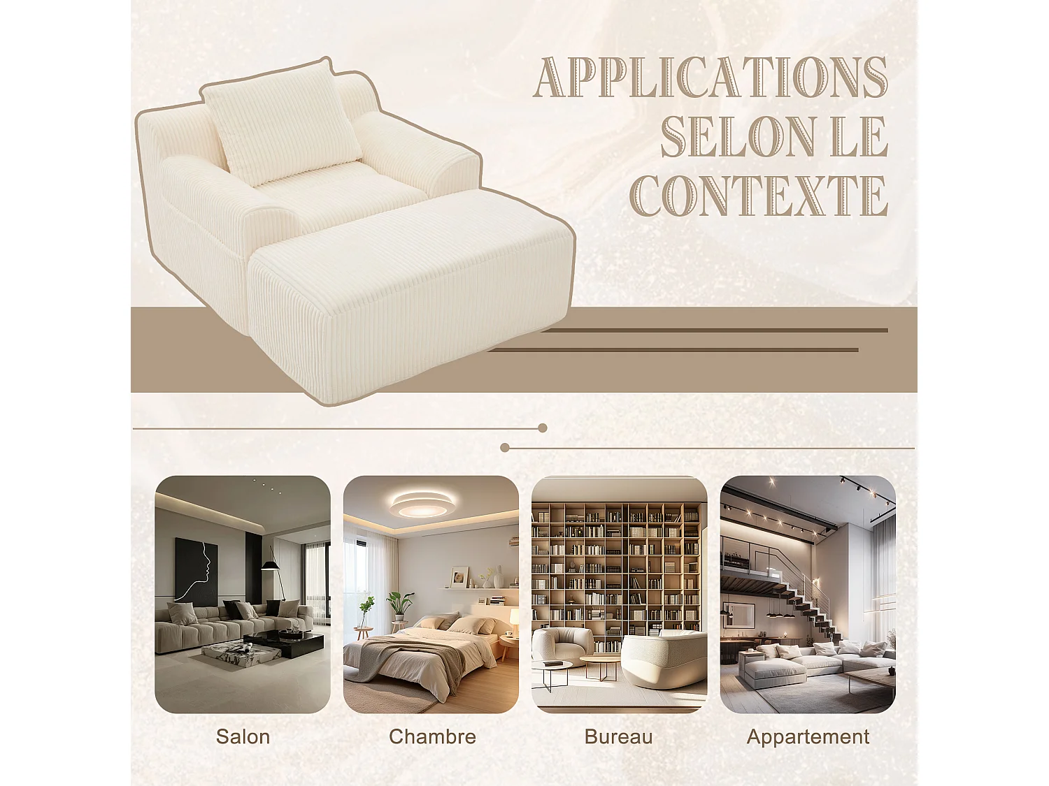 Pouf Fauteuil Géant avec Repose-Pieds - Canapé 1 Place en Velours Côtelé - Beige - Confort Optimal pour Salon, Chambre ou Bureau