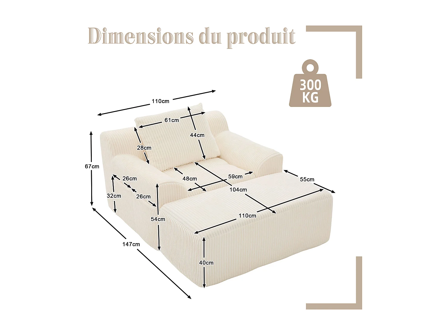 Pouf Fauteuil Géant avec Repose-Pieds - Canapé 1 Place en Velours Côtelé - Beige - Confort Optimal pour Salon, Chambre ou Bureau