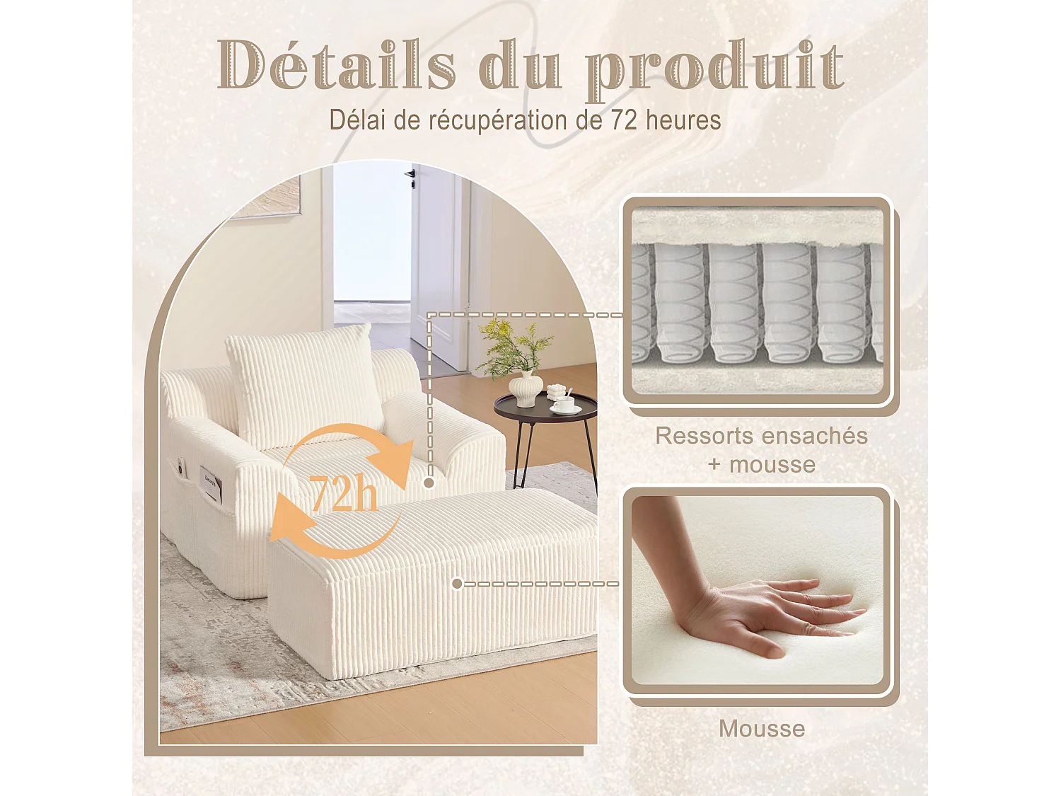 Pouf Fauteuil Géant avec Repose-Pieds - Canapé 1 Place en Velours Côtelé - Beige - Confort Optimal pour Salon, Chambre ou Bureau