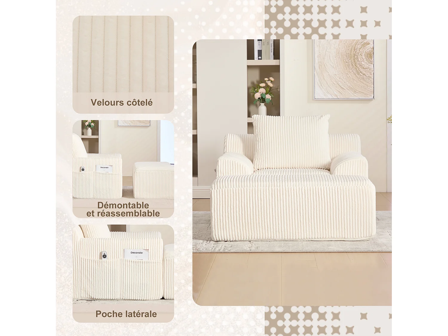 Pouf Fauteuil Géant avec Repose-Pieds - Canapé 1 Place en Velours Côtelé - Beige - Confort Optimal pour Salon, Chambre ou Bureau