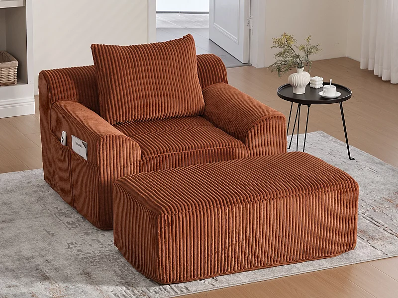 Pouf Fauteuil Géant avec Repose-Pieds - Canapé 1 Place en Velours Côtelé - Orange - Confort Optimal pour Salon, Chambre ou Bureau