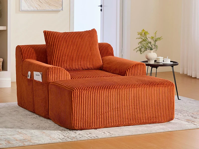 Pouf Fauteuil Géant avec Repose-Pieds - Canapé 1 Place en Velours Côtelé - Orange - Confort Optimal pour Salon, Chambre ou Bureau