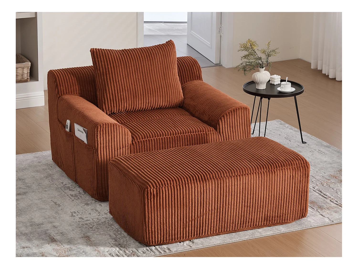 Pouf Fauteuil Géant avec Repose-Pieds - Canapé 1 Place en Velours Côtelé - Orange - Confort Optimal pour Salon, Chambre ou Bureau