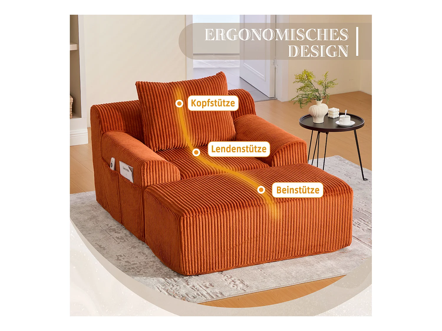 Pouf Fauteuil Géant avec Repose-Pieds - Canapé 1 Place en Velours Côtelé - Orange - Confort Optimal pour Salon, Chambre ou Bureau