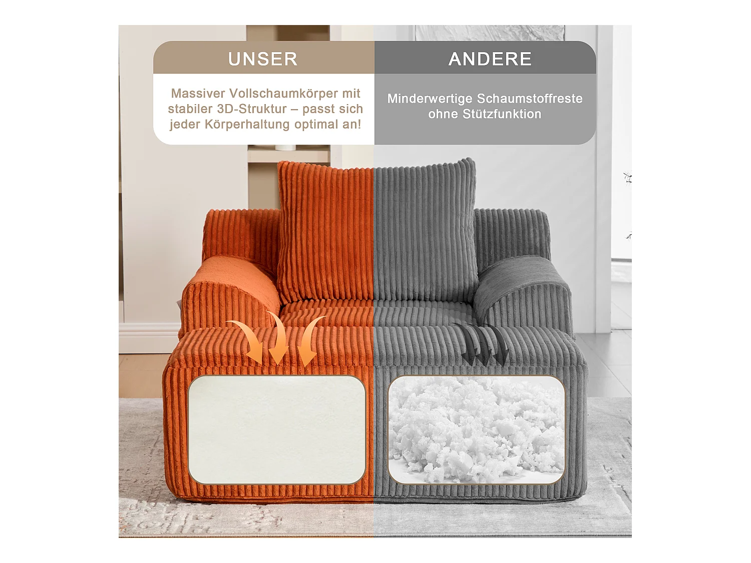 Pouf Fauteuil Géant avec Repose-Pieds - Canapé 1 Place en Velours Côtelé - Orange - Confort Optimal pour Salon, Chambre ou Bureau