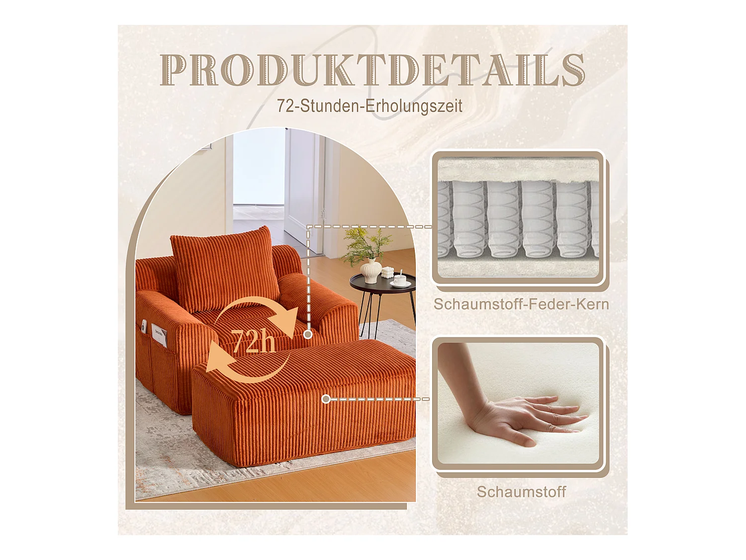 Pouf Fauteuil Géant avec Repose-Pieds - Canapé 1 Place en Velours Côtelé - Orange - Confort Optimal pour Salon, Chambre ou Bureau