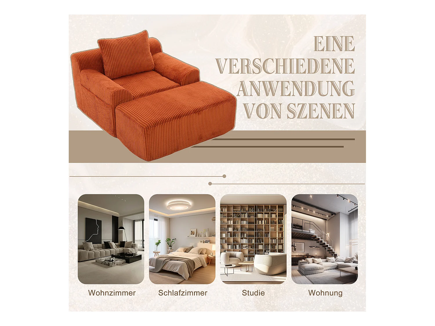 Pouf Fauteuil Géant avec Repose-Pieds - Canapé 1 Place en Velours Côtelé - Orange - Confort Optimal pour Salon, Chambre ou Bureau