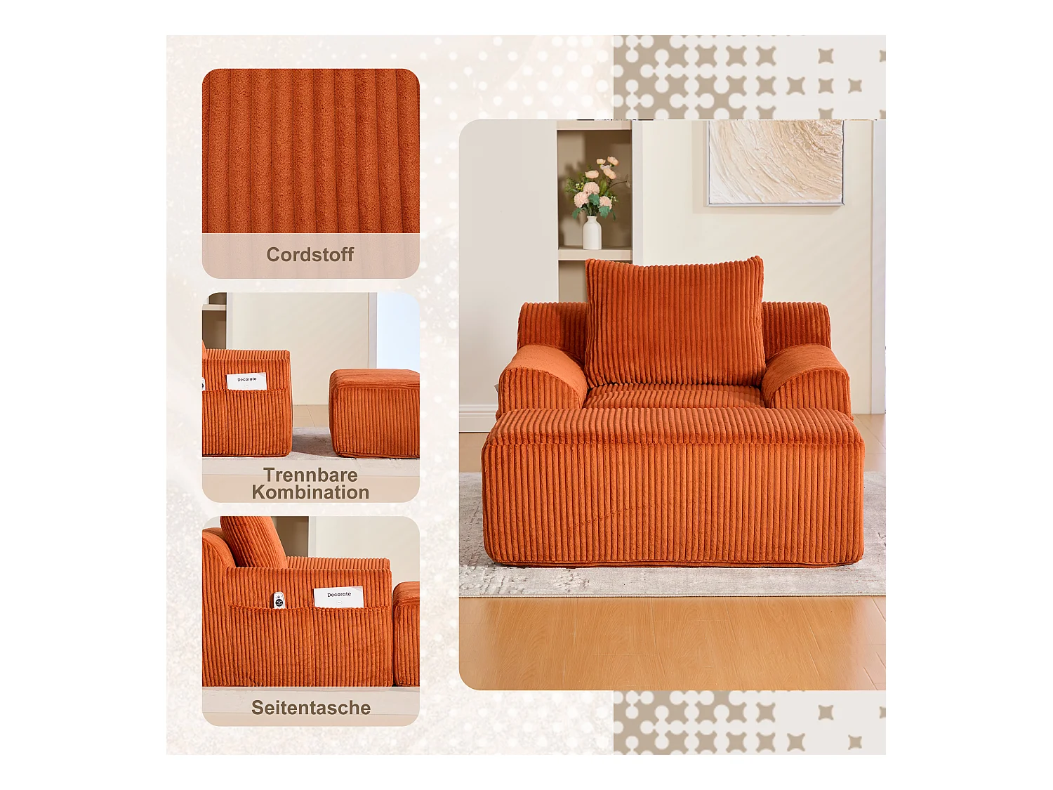 Pouf Fauteuil Géant avec Repose-Pieds - Canapé 1 Place en Velours Côtelé - Orange - Confort Optimal pour Salon, Chambre ou Bureau