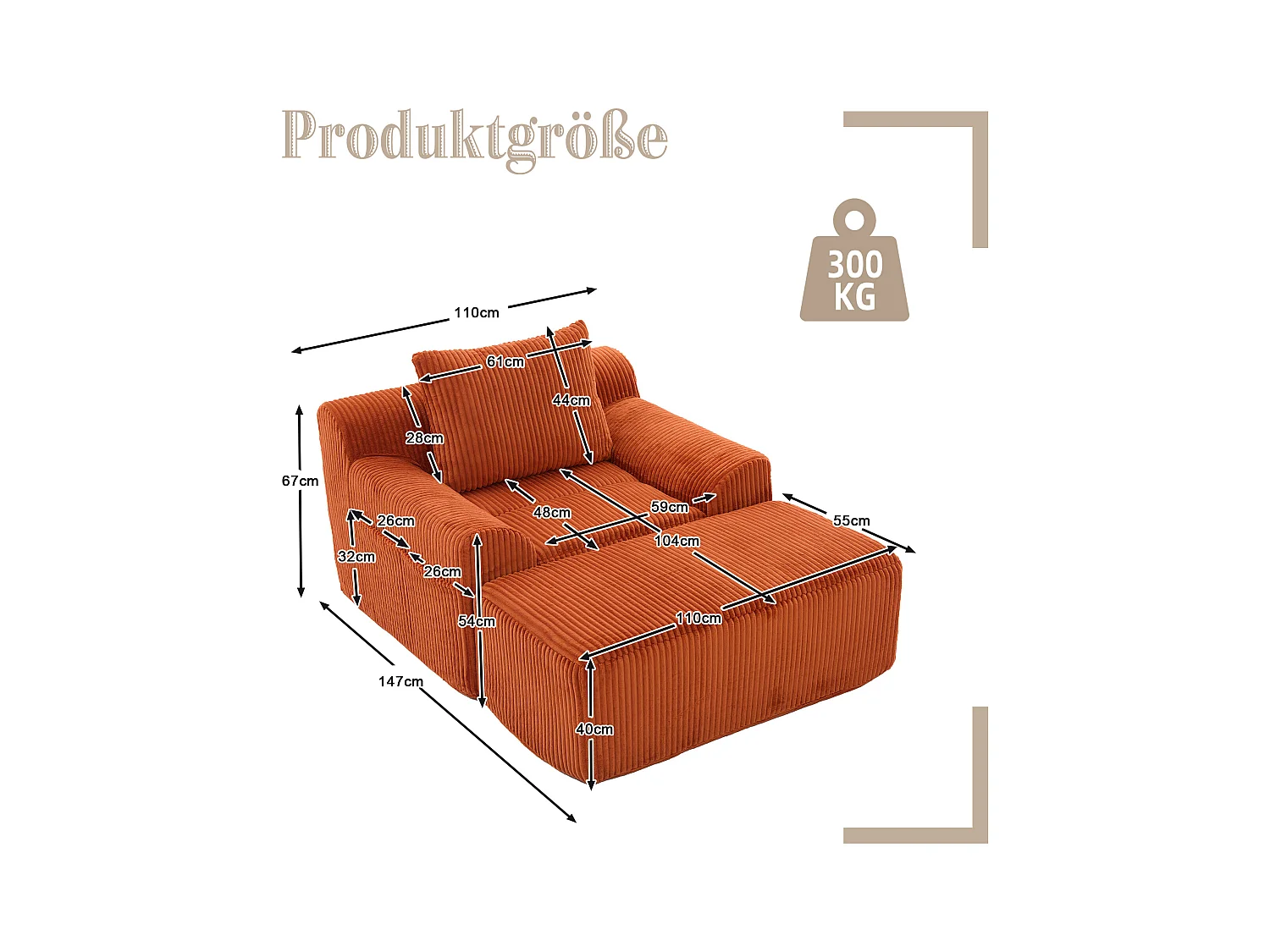 Pouf Fauteuil Géant avec Repose-Pieds - Canapé 1 Place en Velours Côtelé - Orange - Confort Optimal pour Salon, Chambre ou Bureau