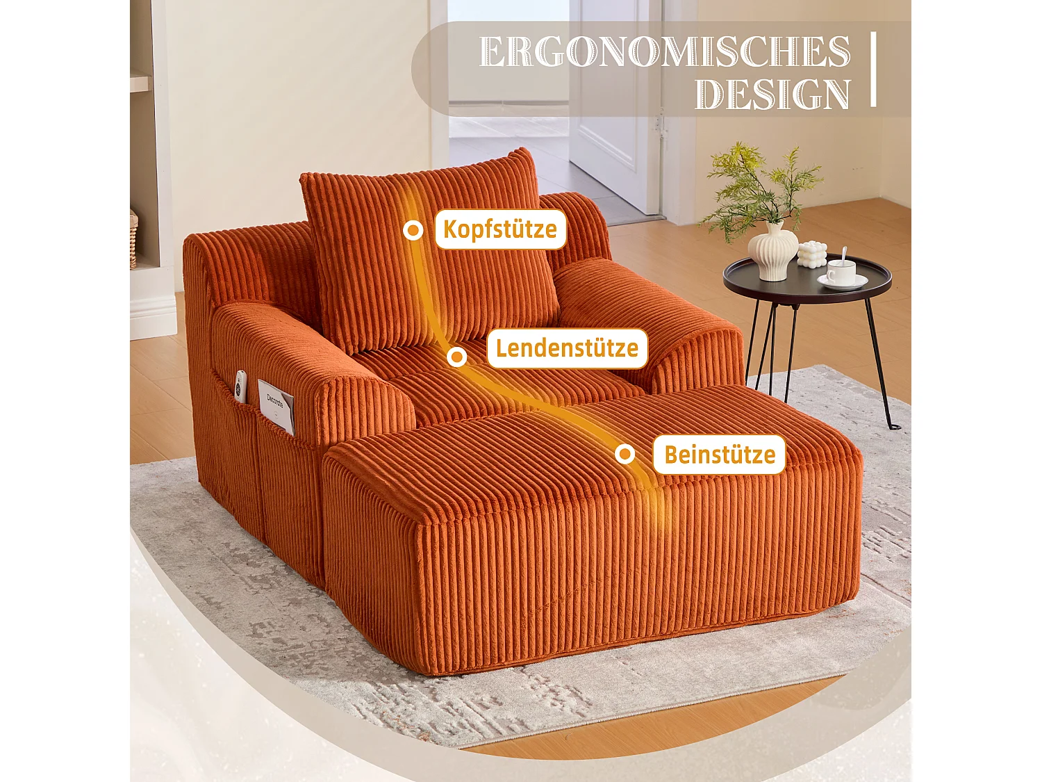 Pouf Fauteuil Géant avec Repose-Pieds - Canapé 1 Place en Velours Côtelé - Orange - Confort Optimal pour Salon, Chambre ou Bureau