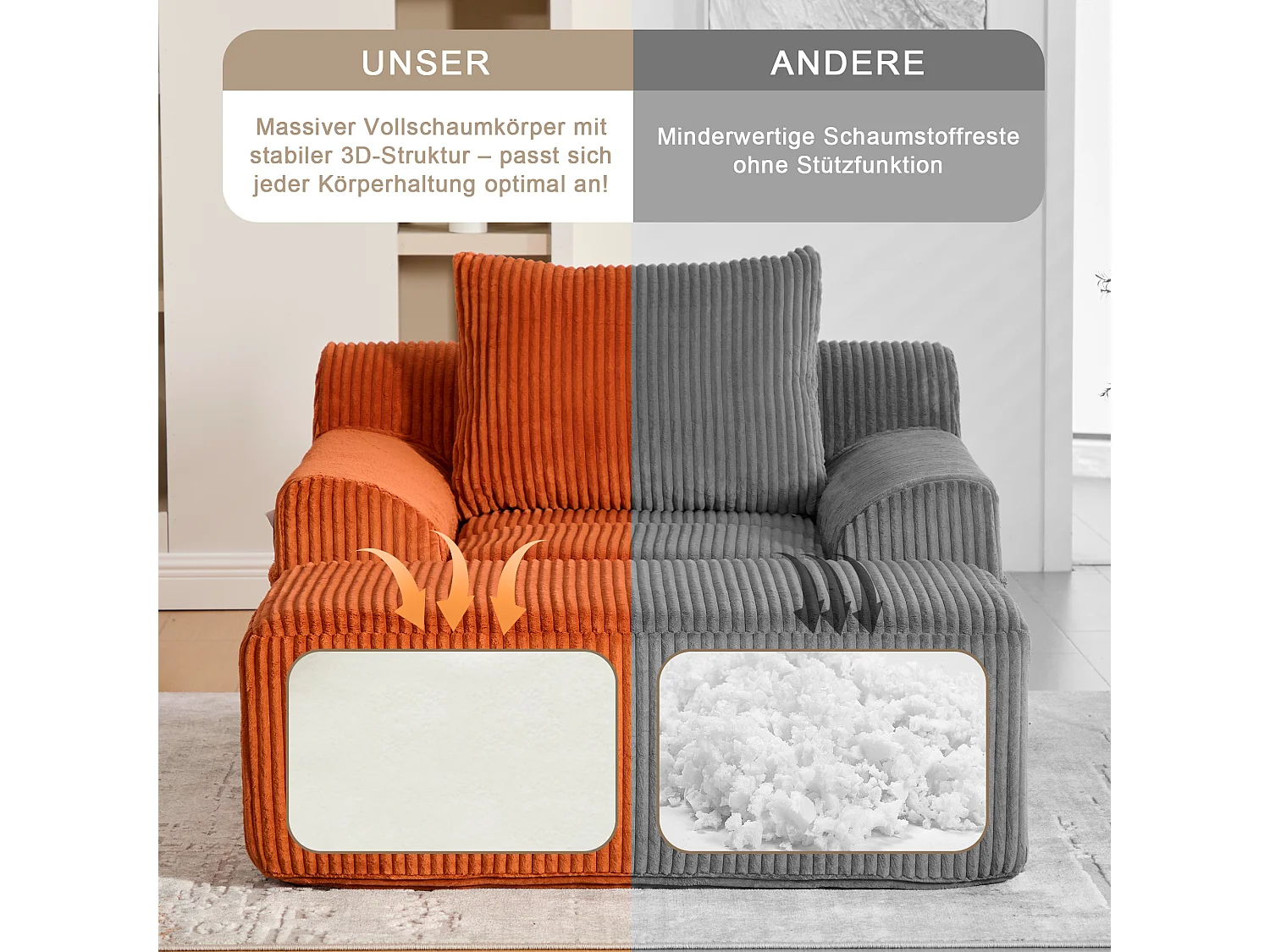 Pouf Fauteuil Géant avec Repose-Pieds - Canapé 1 Place en Velours Côtelé - Orange - Confort Optimal pour Salon, Chambre ou Bureau