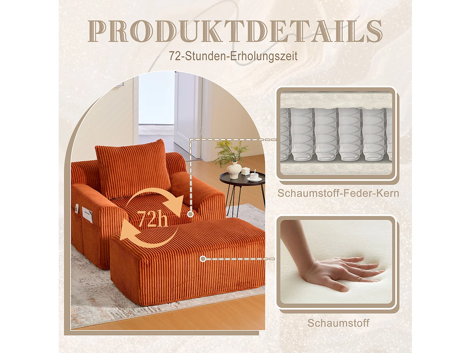 Pouf Fauteuil Géant avec Repose-Pieds - Canapé 1 Place en Velours Côtelé - Orange - Confort Optimal pour Salon, Chambre ou Bureau