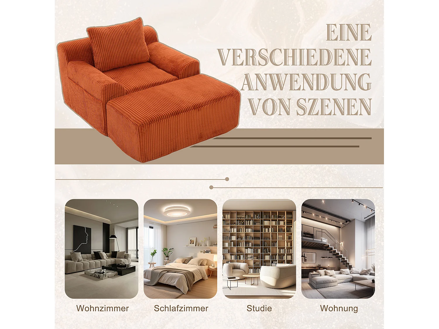 Pouf Fauteuil Géant avec Repose-Pieds - Canapé 1 Place en Velours Côtelé - Orange - Confort Optimal pour Salon, Chambre ou Bureau