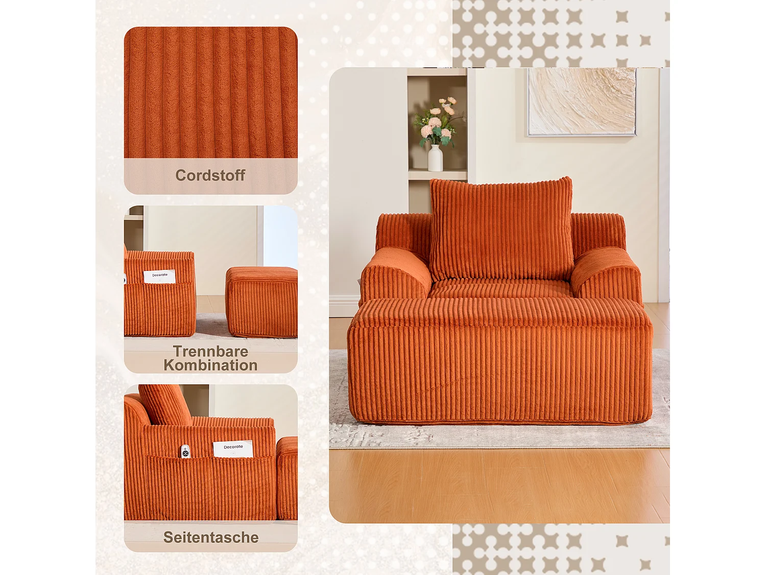 Pouf Fauteuil Géant avec Repose-Pieds - Canapé 1 Place en Velours Côtelé - Orange - Confort Optimal pour Salon, Chambre ou Bureau