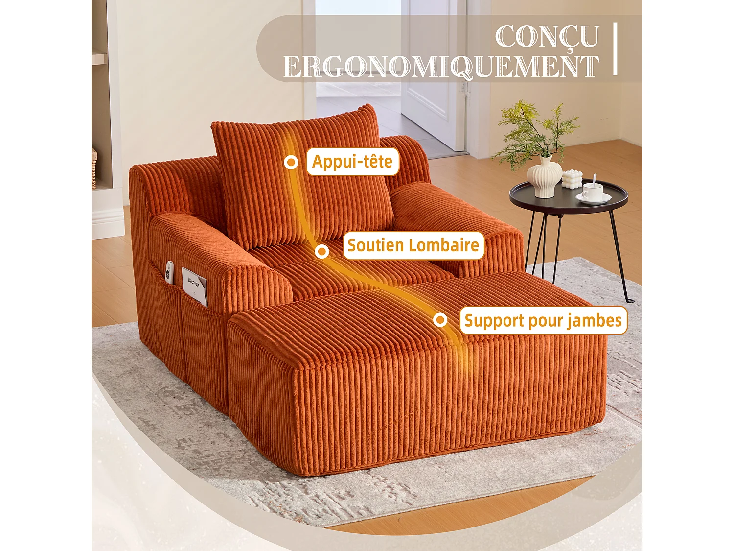 Pouf Fauteuil Géant avec Repose-Pieds - Canapé 1 Place en Velours Côtelé - Orange - Confort Optimal pour Salon, Chambre ou Bureau