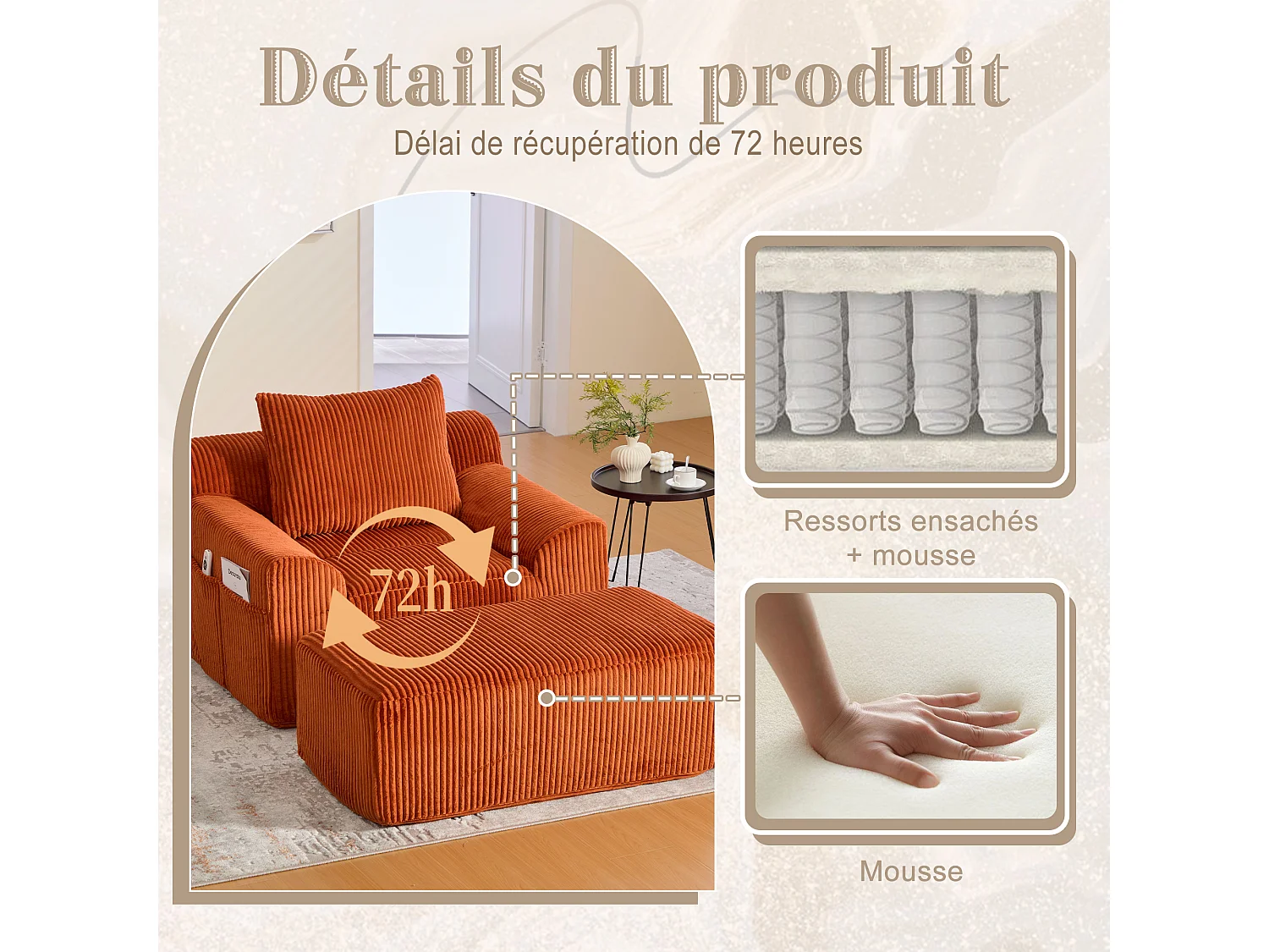 Pouf Fauteuil Géant avec Repose-Pieds - Canapé 1 Place en Velours Côtelé - Orange - Confort Optimal pour Salon, Chambre ou Bureau