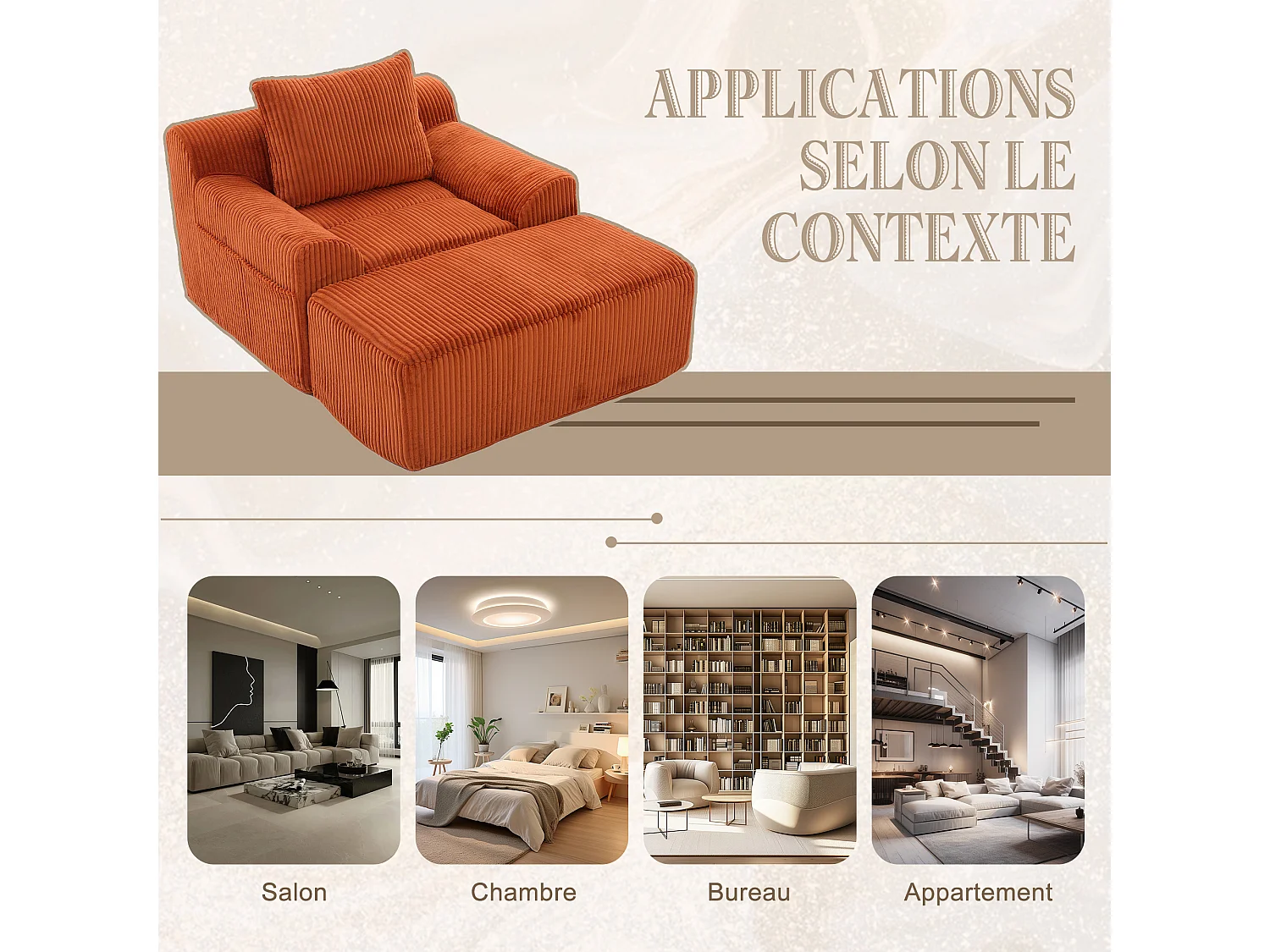 Pouf Fauteuil Géant avec Repose-Pieds - Canapé 1 Place en Velours Côtelé - Orange - Confort Optimal pour Salon, Chambre ou Bureau