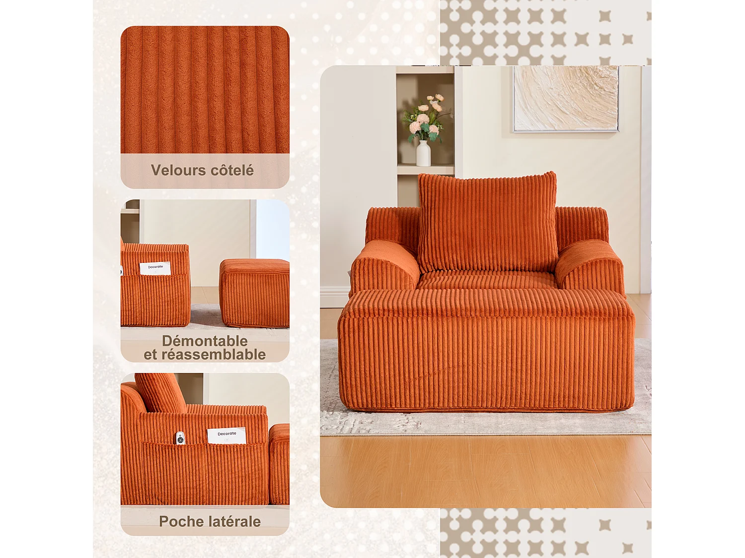 Pouf Fauteuil Géant avec Repose-Pieds - Canapé 1 Place en Velours Côtelé - Orange - Confort Optimal pour Salon, Chambre ou Bureau