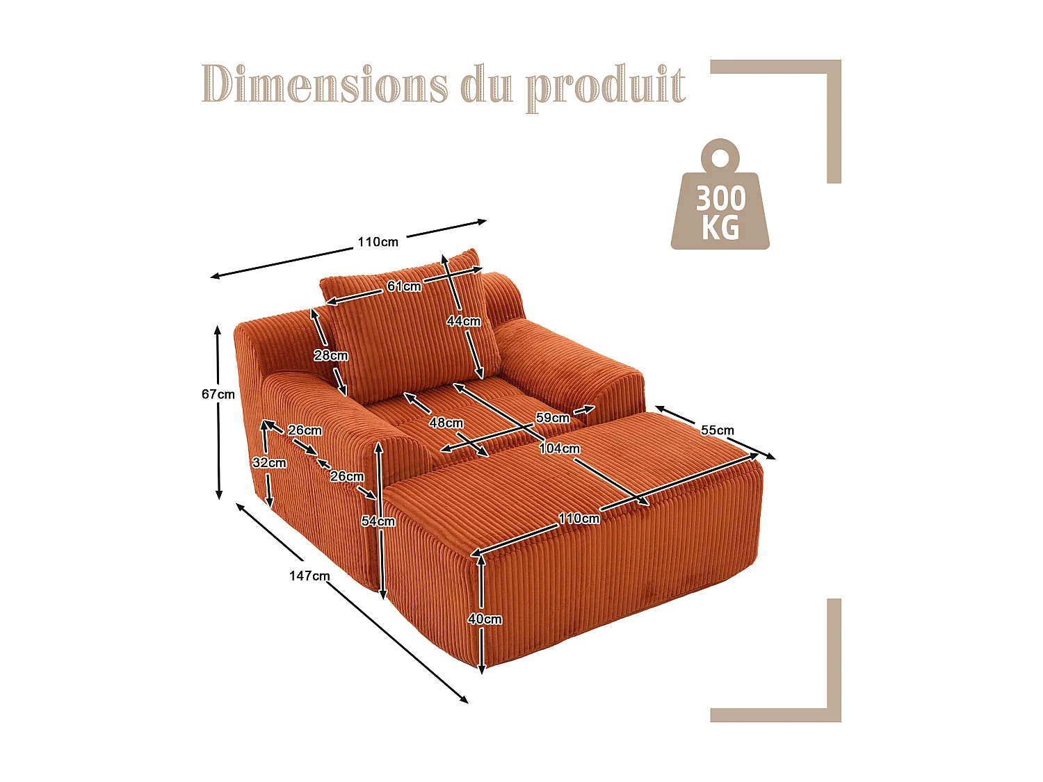 Pouf Fauteuil Géant avec Repose-Pieds - Canapé 1 Place en Velours Côtelé - Orange - Confort Optimal pour Salon, Chambre ou Bureau
