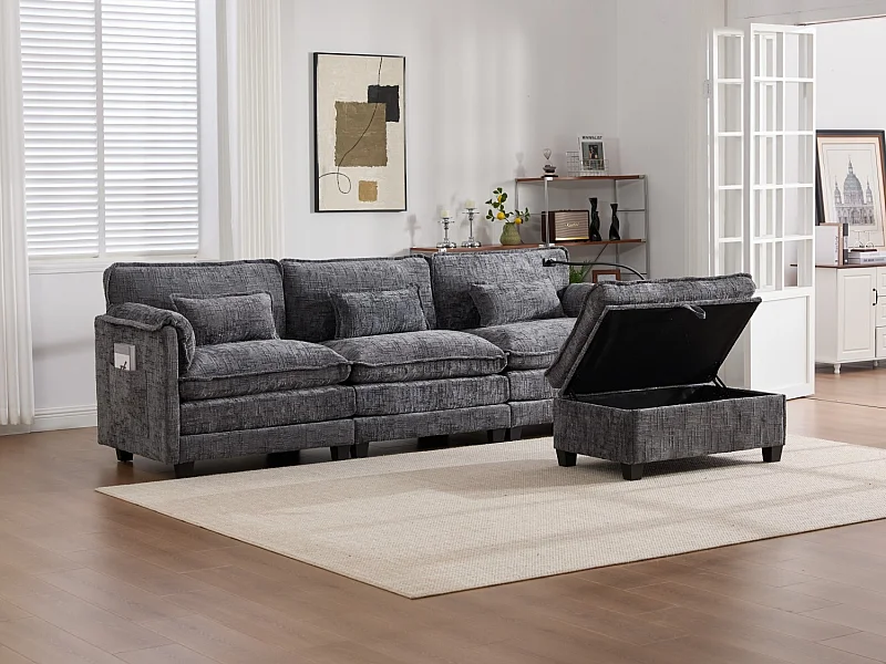 Canapé 3 Places Modulable - Repose-pieds Rangement et Port USB - Support Smartphone - Pour Salon, Bureau ou Chambre