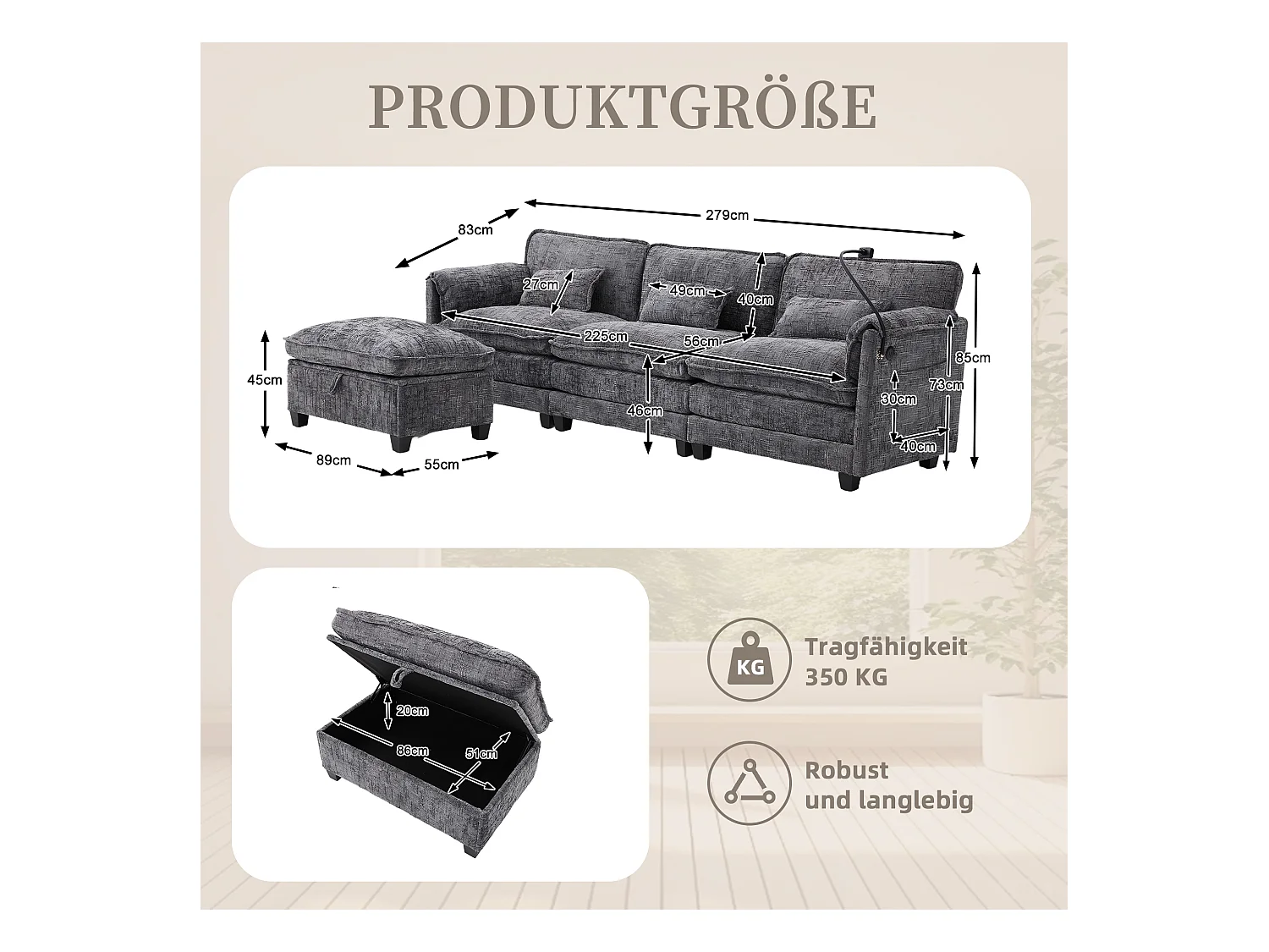 Modulaire 3-zitsbank - Voetensteun, opbergruimte en USB-poort - Smartphonehouder - Voor woonkamer, kantoor of slaapkamer