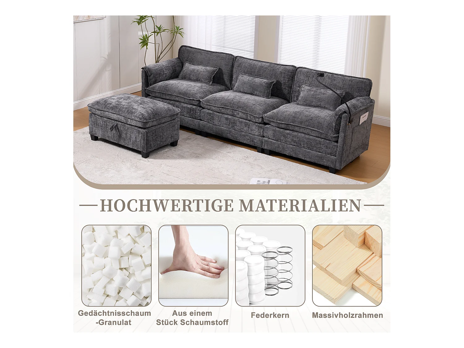 Modulaire 3-zitsbank - Voetensteun, opbergruimte en USB-poort - Smartphonehouder - Voor woonkamer, kantoor of slaapkamer