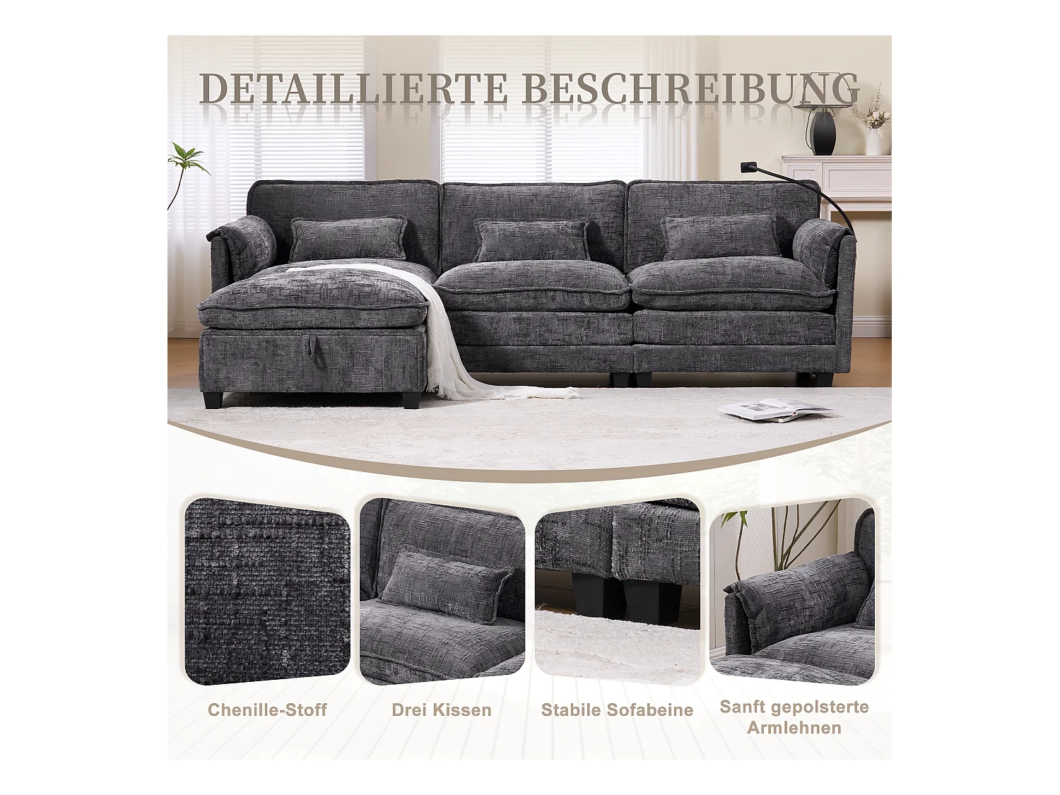 Modulaire 3-zitsbank - Voetensteun, opbergruimte en USB-poort - Smartphonehouder - Voor woonkamer, kantoor of slaapkamer