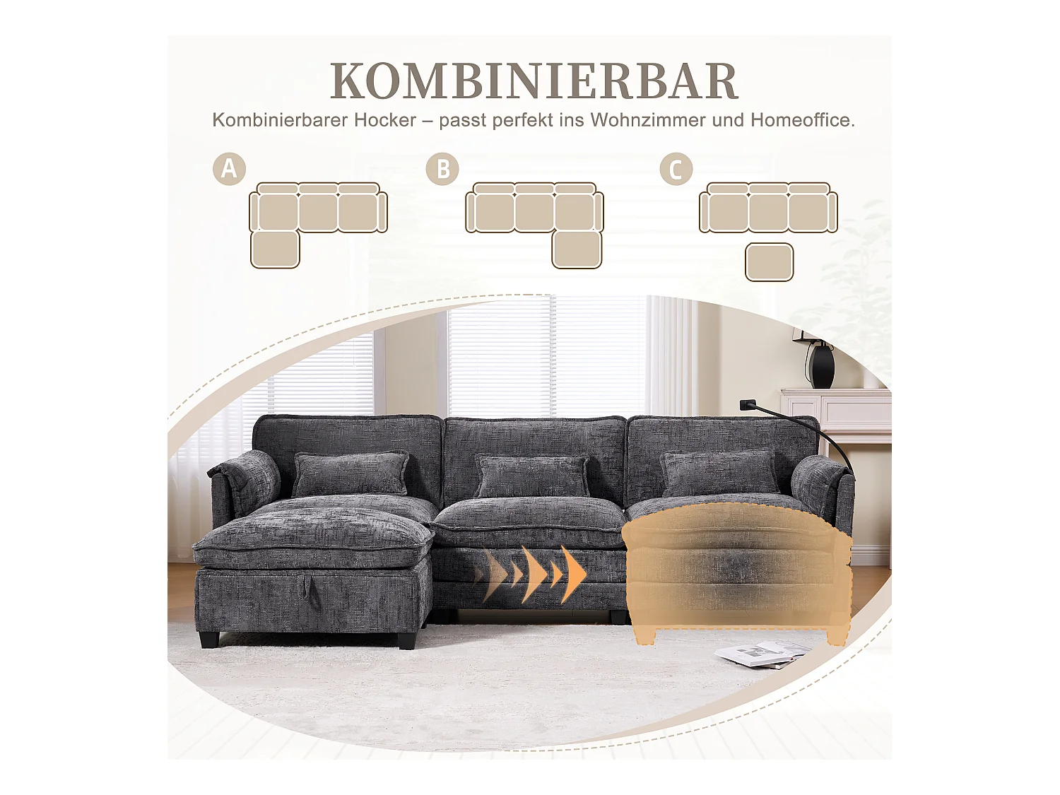 Modulaire 3-zitsbank - Voetensteun, opbergruimte en USB-poort - Smartphonehouder - Voor woonkamer, kantoor of slaapkamer