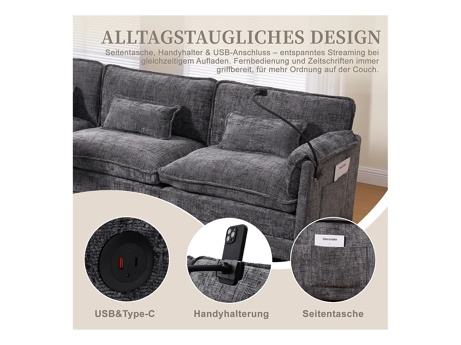 Modulaire 3-zitsbank - Voetensteun, opbergruimte en USB-poort - Smartphonehouder - Voor woonkamer, kantoor of slaapkamer