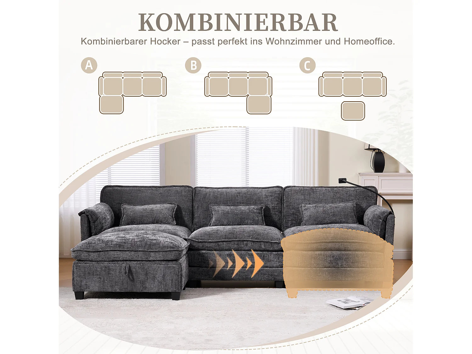 Canapé 3 Places Modulable - Repose-pieds Rangement et Port USB - Support Smartphone - Pour Salon, Bureau ou Chambre