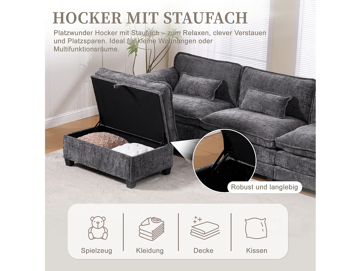 Canapé 3 Places Modulable - Repose-pieds Rangement et Port USB - Support Smartphone - Pour Salon, Bureau ou Chambre