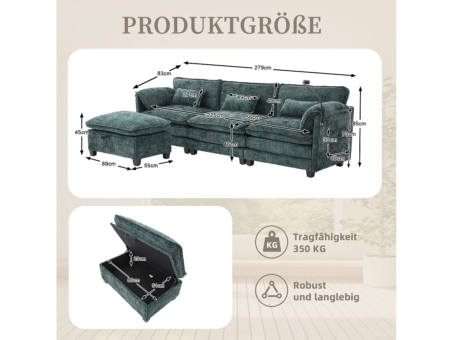 Canapé 3 Places Modulable - Repose-pieds Rangement et Port USB - Support Smartphone - Pour Salon, Bureau ou Chambre