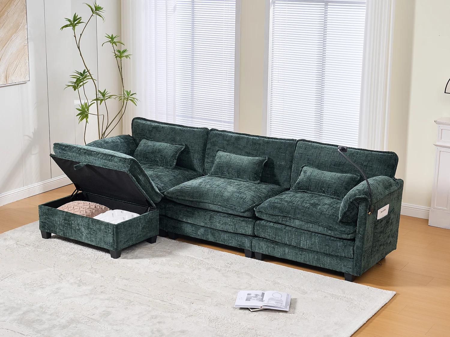 Canapé 3 Places Modulable - Repose-pieds Rangement et Port USB - Support Smartphone - Pour Salon, Bureau ou Chambre