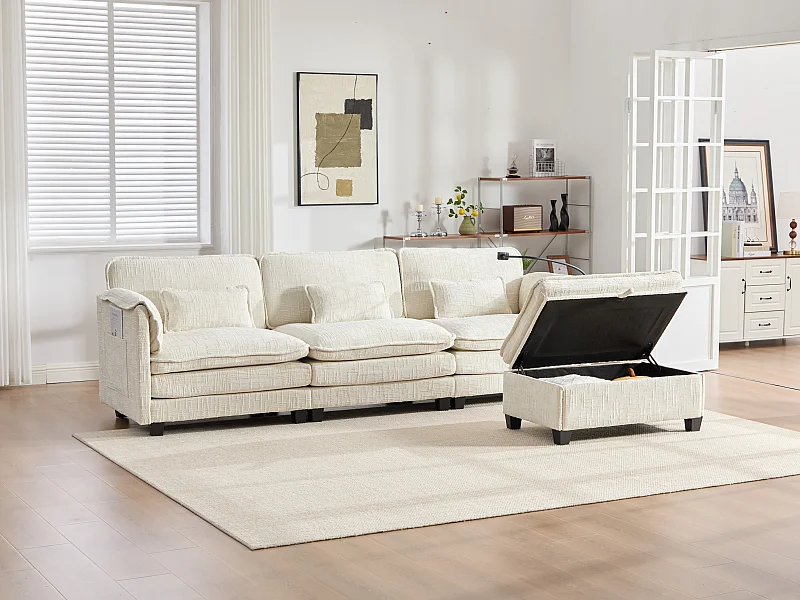 Canapé 3 Places Modulable - Repose-pieds Rangement et Port USB - Support Smartphone - Pour Salon, Bureau ou Chambre