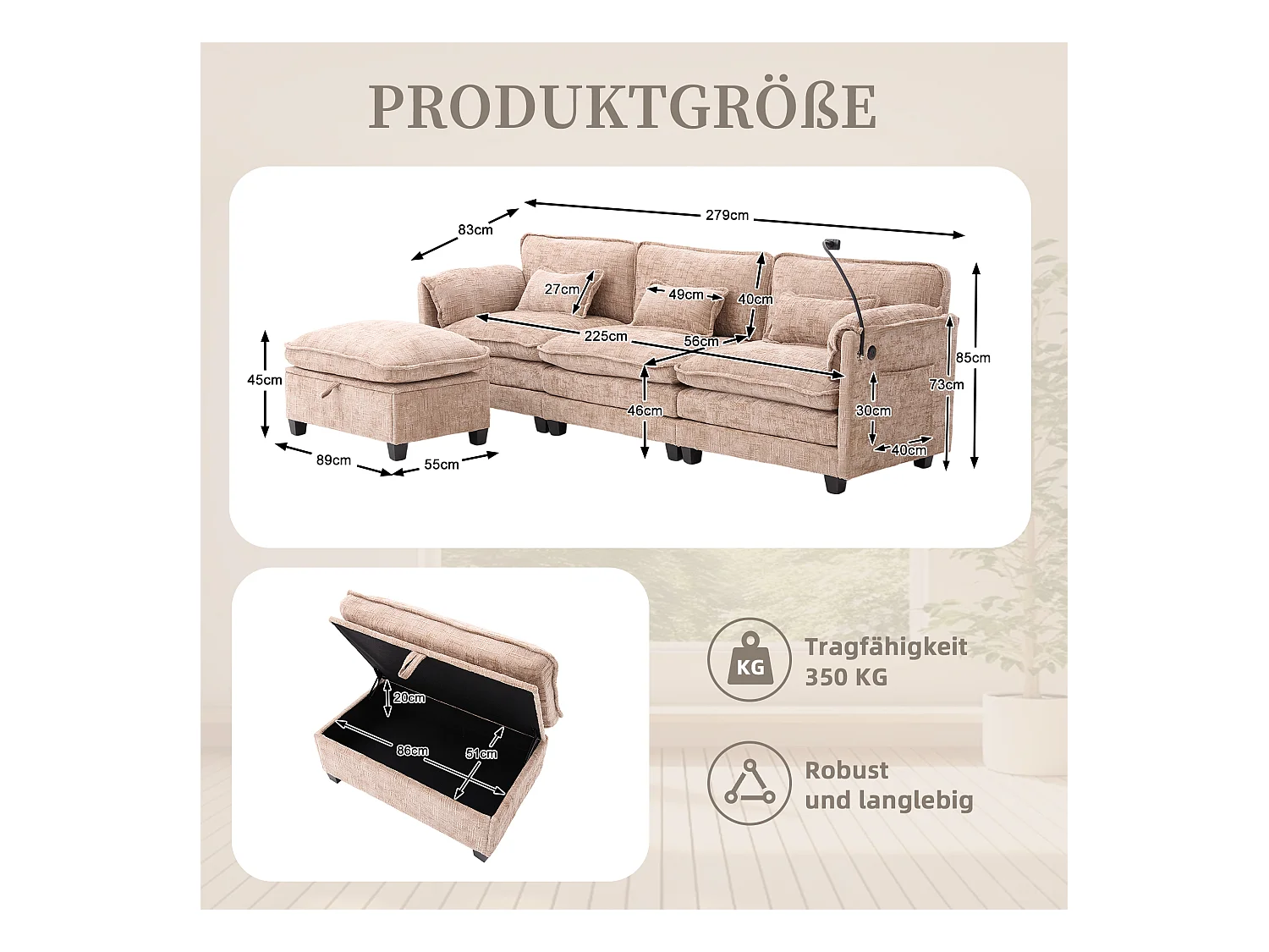 Modulaire 3-zitsbank - Voetensteun, opbergruimte en USB-poort - Smartphonehouder - Voor woonkamer, kantoor of slaapkamer