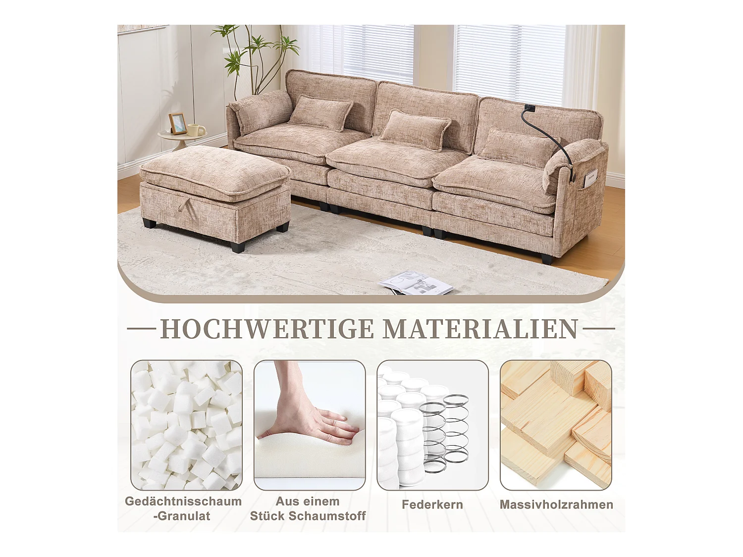 Modulaire 3-zitsbank - Voetensteun, opbergruimte en USB-poort - Smartphonehouder - Voor woonkamer, kantoor of slaapkamer